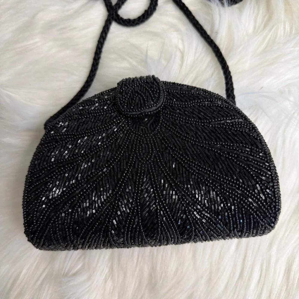 Vintage -‎ Black Beaded Small Purse with Lipstick Holder